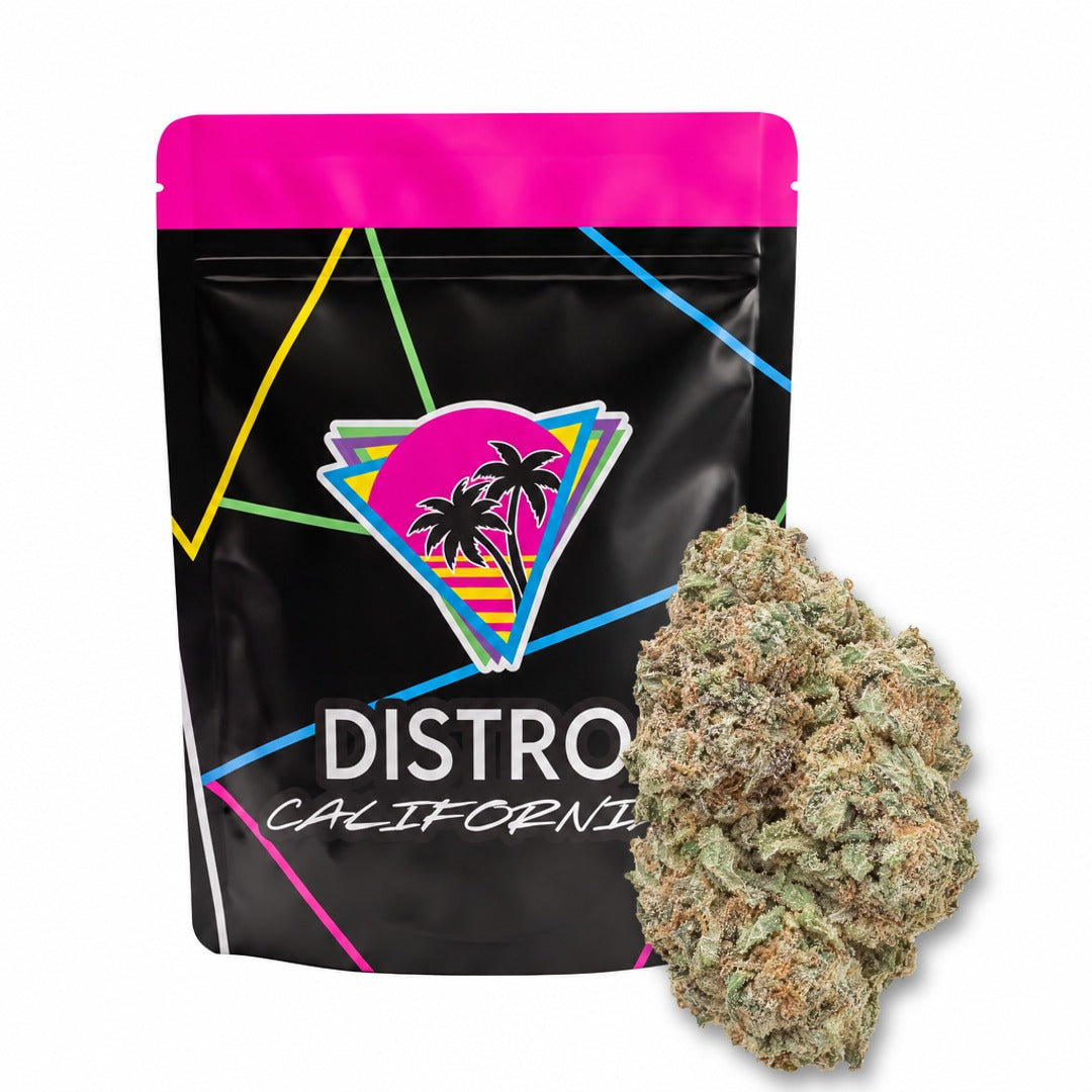 Blue Buzzballz single nug in front of a Distro California bag, illustrative