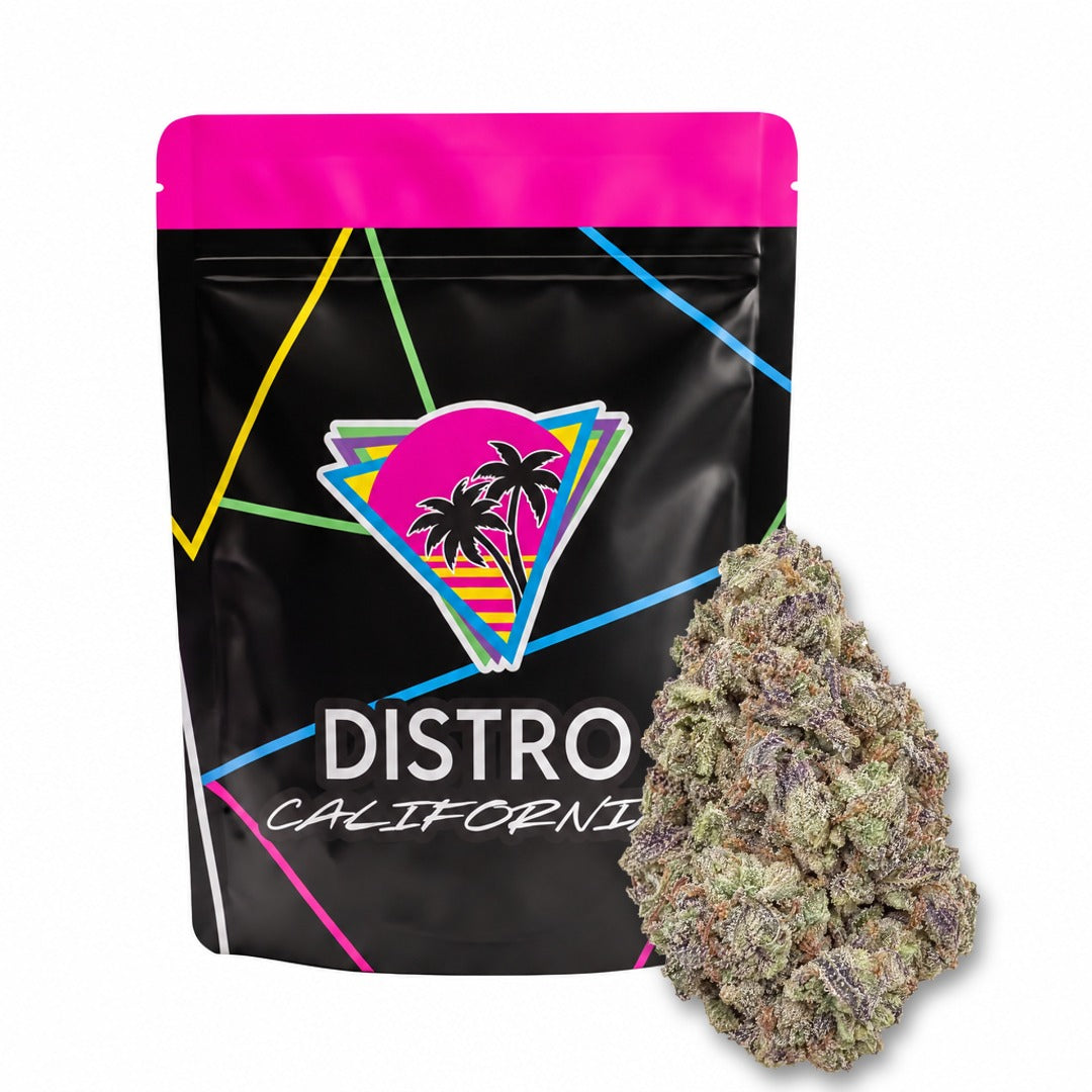 Blueberry Gumballz single nug in front of a Distro California bag, illustrative