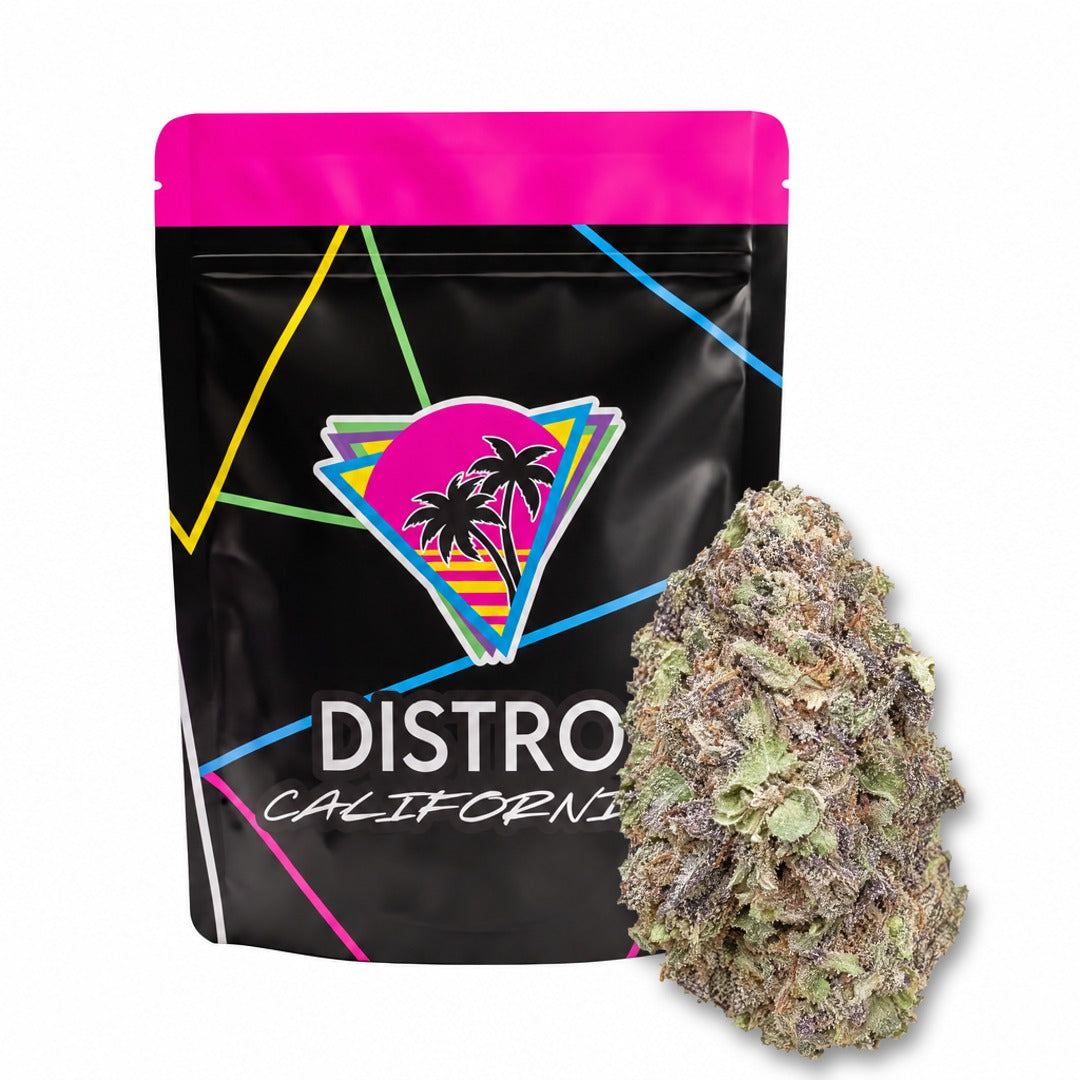 Gush Mints single nug in front of a Distro California bag, illustrative